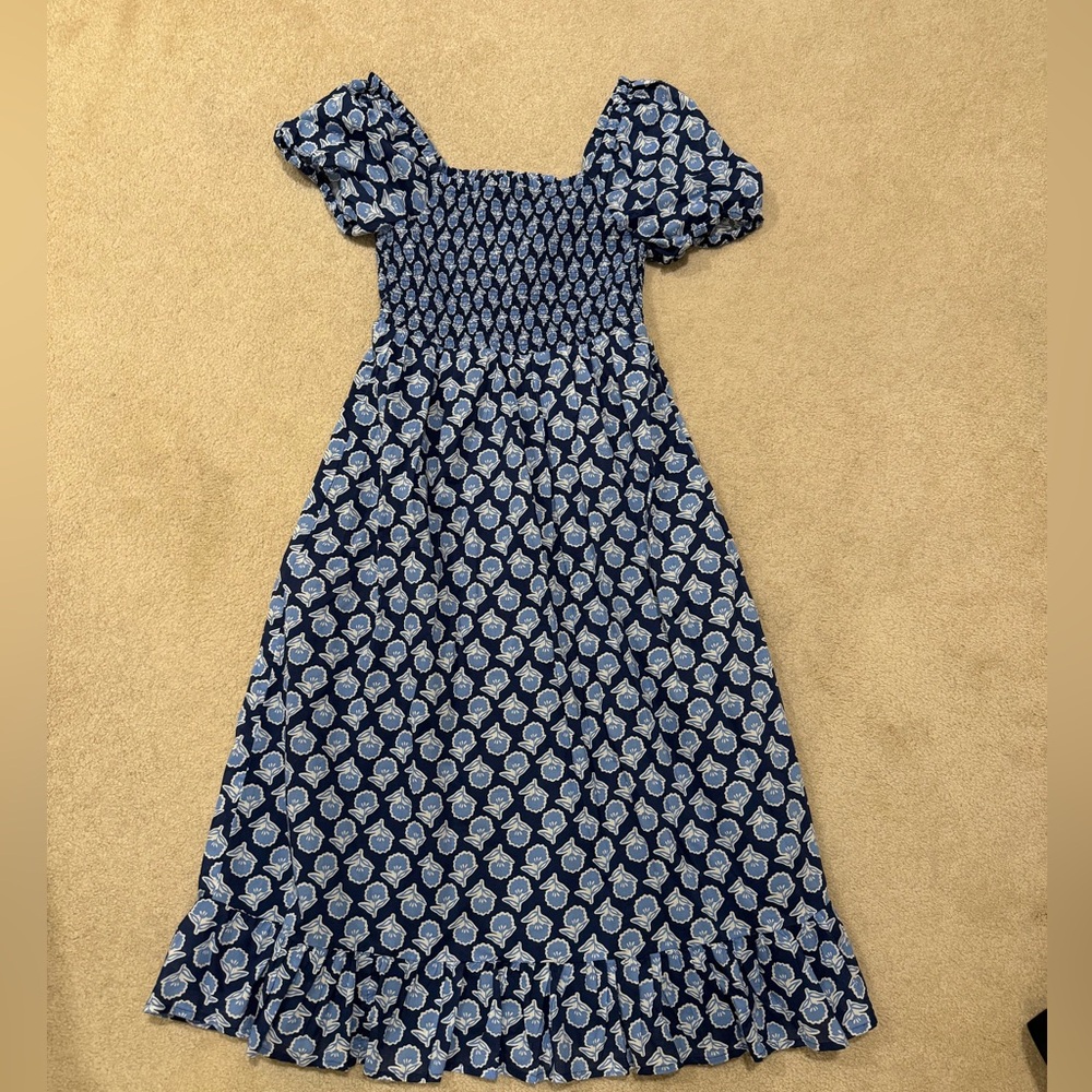 J Crew Factory Puff sleeve Midi Dress, White and blue size xs